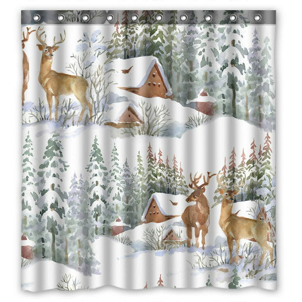 YKCG Watercolor Winter Snow Reindeers Shower Curtain Waterproof Fabric ...