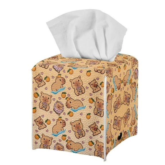 Psesaysky Cute Tissue Box Cover Square Waterproof PU Leather Car Tissue Holder Tissues Boxes Organizer for Bathroom Vanity, Night Stands, Office, Home, Kitchen (Cute Capybara)