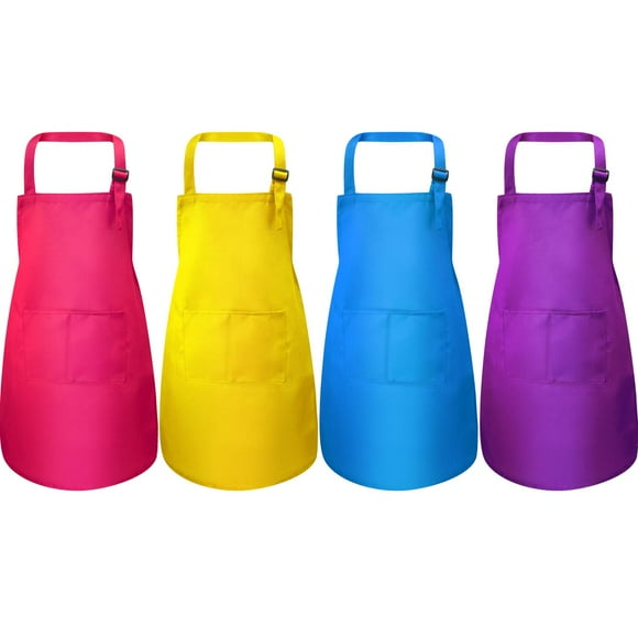 Yaomiao 4 Pieces Kids Apron with Pocket Children Adjustable Chef Apron for Cooking Baking Painting (Rose red Yellow Blue Purple M for 7-13 Age)