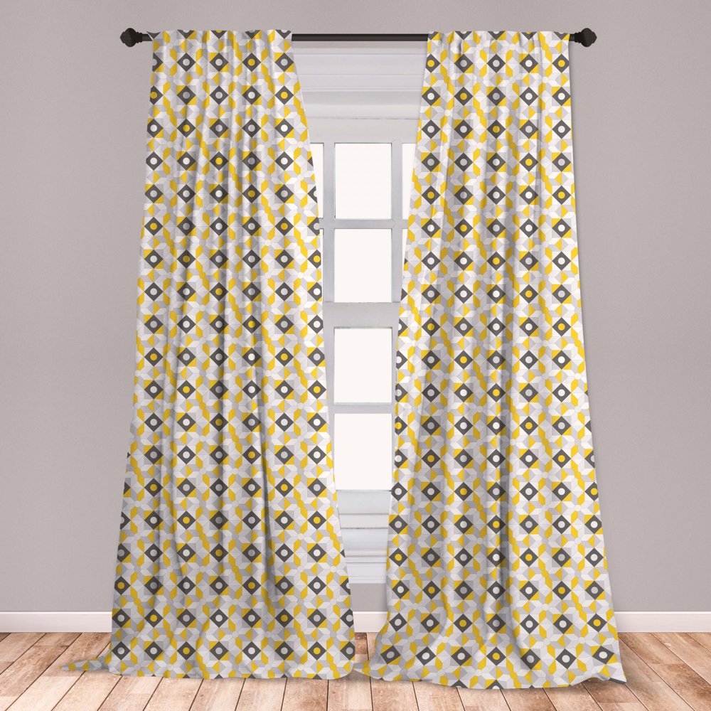 Grey and Yellow Curtains 2 Panels Set, Geometric Retro 60s 70s Home