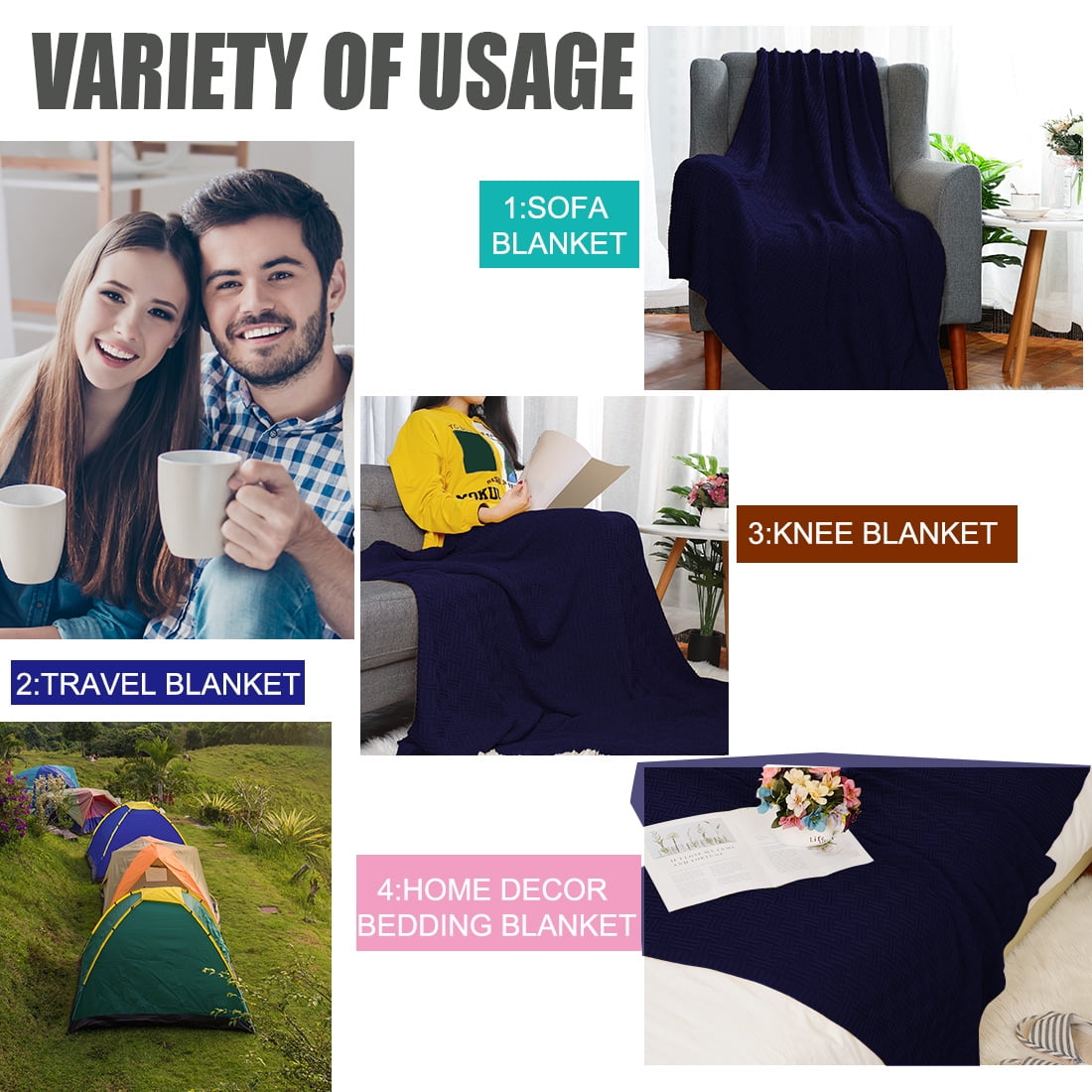 Unique Bargains 100% Cotton Cable Knit Sofa Throw Blanket Navy Blue 47" x 70"