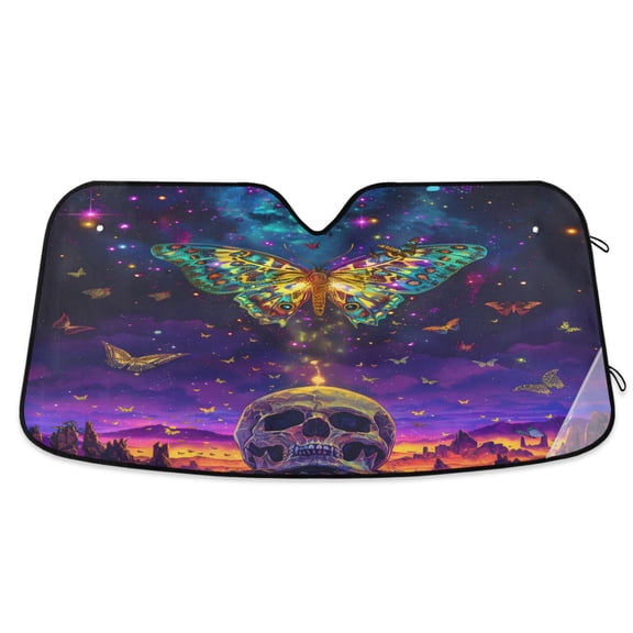 Skull and Colorful Butterfly Car Windshield Sun Shade Foldable Car Front Window Visor Heat and UV Protection 53x23.5