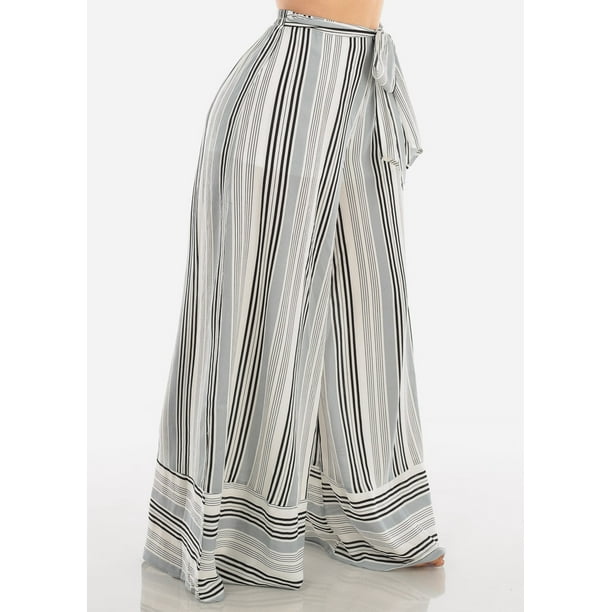Moda Xpress Womens Juniors Lightweight Summer Vacation Beach Wear Grey And White Stripe High Waisted Wide Legged Palazzo Pants w Walmart Com Walmart Com