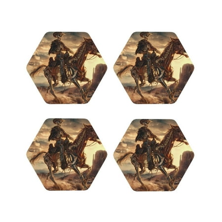 

Fuzoiu Western Skeleton Cowboy Horse Print Leather Coasters Set Drink Coasters Set of 4 for Tabletop Protection Durable PVC Coasters Home Décor and Housewarming Gift-Hexagon