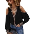 thumbnail image 2 of Leopard Long Sleeve Tee V Neck Long Sleeve Cold Shoulder Button Down Closure Blouse for Woman, 2 of 5