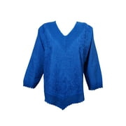 Mogul Womens Blouse Blue Embroidered Lace Work Cotton Top