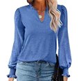 thumbnail image 2 of Blusa con volantes, manga abullonada, cuello en V, manga larga, color puro, tops de moda para mujer, 2 of 5