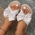 thumbnail image 5 of Wensltd Women Trendy Sandals Comfortable Floral Print Bow Decor Round Toe Open Toe Summer Flat Sandals for Indoor Outdoor Casual Wear White, 5 of 8