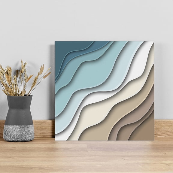 Teal Blue Ombre Cream Wall Art Painting on Canvas, Modern Geometric Brown Aesthetic Canvas Art Home Prints Wall Art Framed Modern Artwork for Living Room Bedroom Wall Decor 8x8in