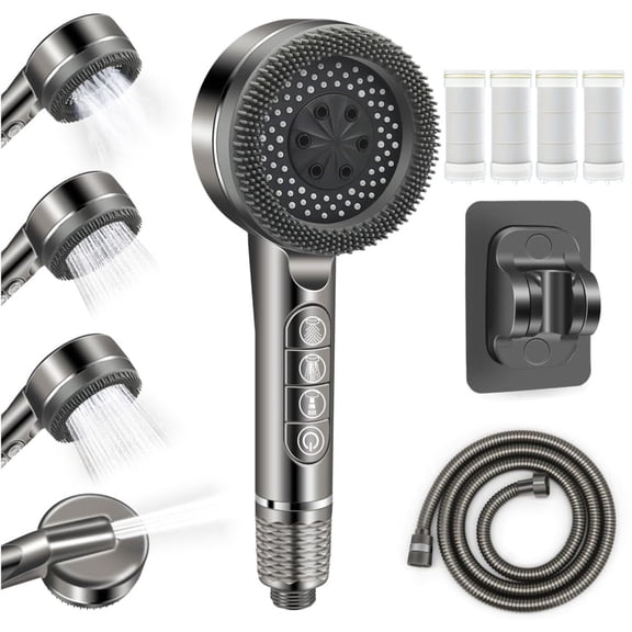 Four-setting water-saving filter showerhead, high-pressure multi-function showerhead with hose, filter cartridge, and mounting bracket