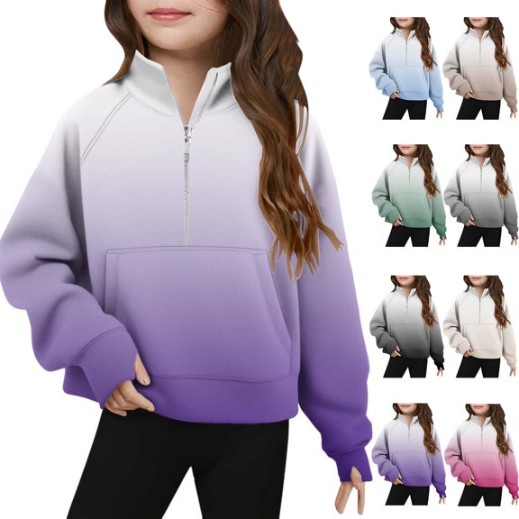 Kukoosong Girls Long Sleeve Sweatshirts Toddler Girl Fall Clothes V Neck Gradient Print Hoodless Hoodies Half Zip Pullover Tops for 7 Years