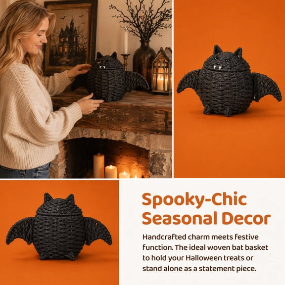 QLUEWX Hand Woven Black Bat Storage Basket with Lid & Detachable Wings, Spooky Candy Treat Container, Rustic Farmhouse Tabletop Centerpiece for Halloween Home Mantel Party Decoration
