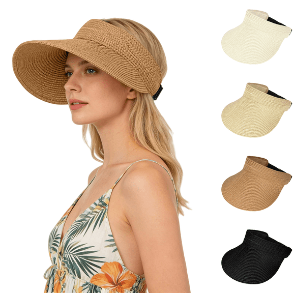 Helii Women Crownless Straw Sun Hat Wide Brim Ponytail Visor, Adjustable Drawstring Packable Foldable Breathable Woven Beach Hat UV Protection for Travel Outdoor Black,One Size