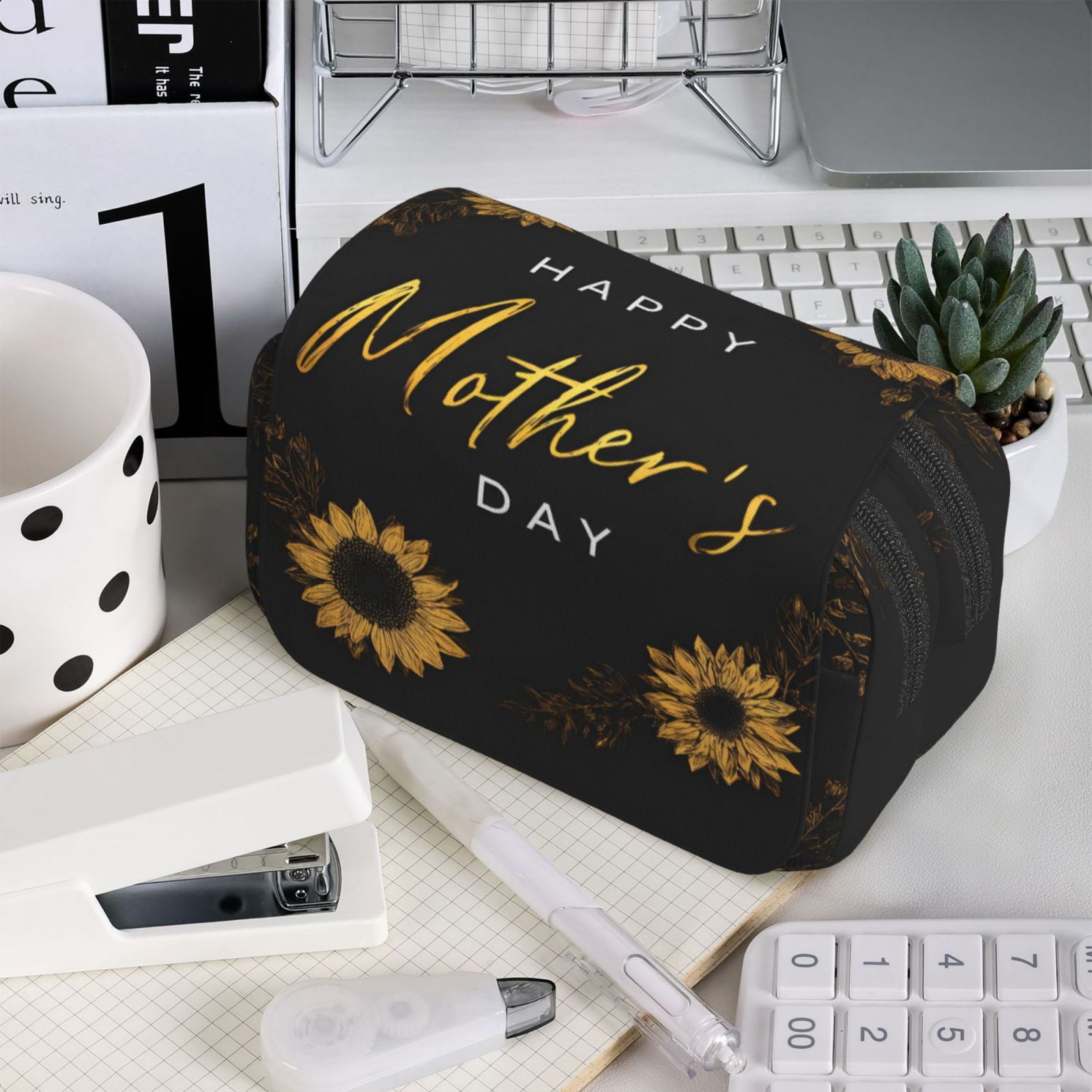 Large-Capacity Flip-Top Double-Layer Pencil Case, Multi-Functional Pocket Pen Case, Durable Stationery Organizer Sunflower Black Background Happy Mother'S Day
