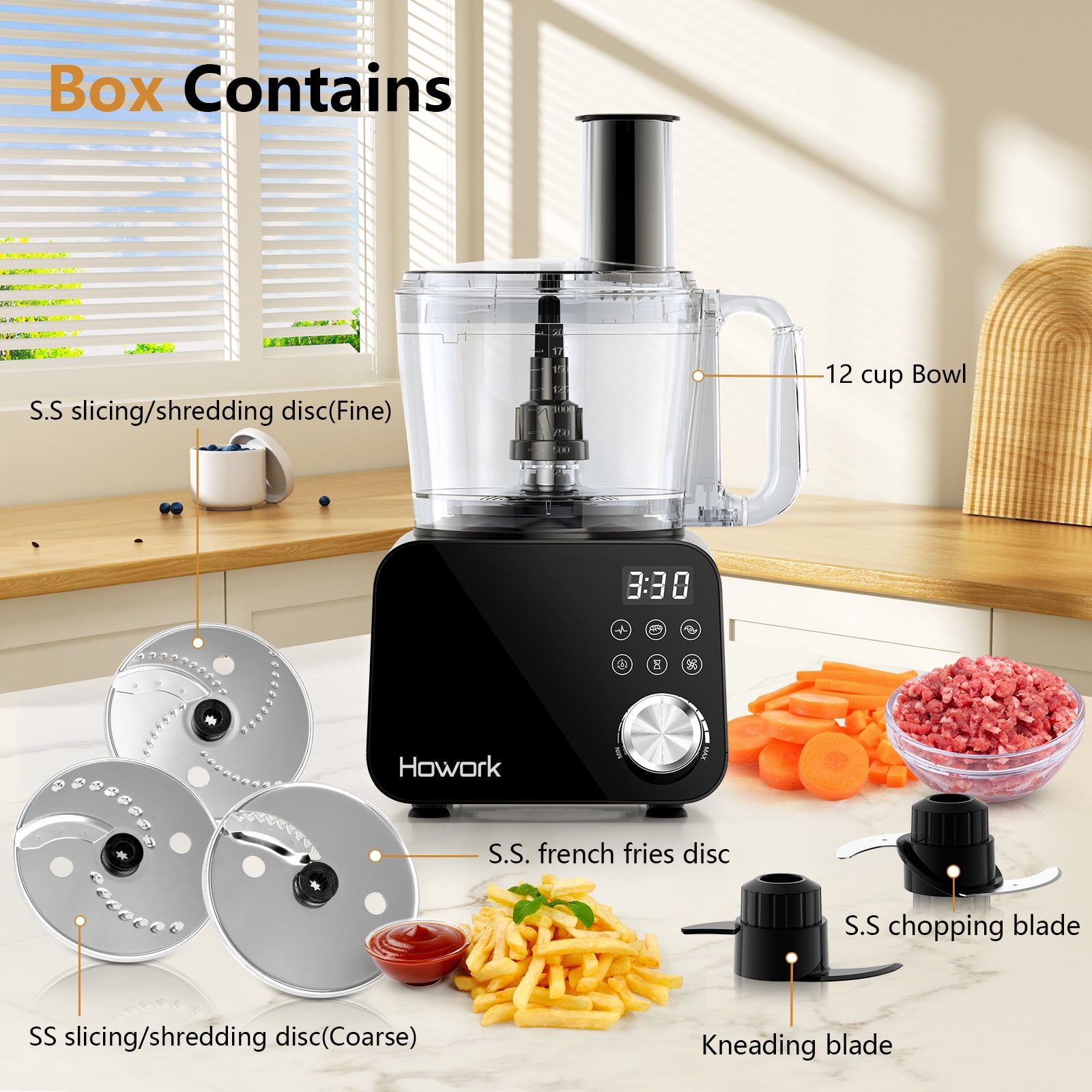 HOWORK Food Processor 12 Cup, 600w, Multifunctional Food Processor, 11 Functions for Shredding, Slicing, Doughing, Emulsifying and Juicing, Black