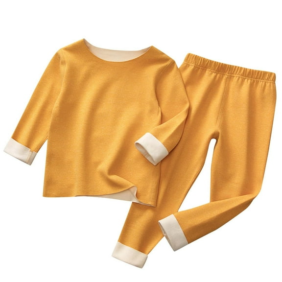 Lovskoo 1.5-10Y Toddler Baby Kids Boys Girls Winter Pajamas Solid Color Long Sleeved Thickening Home Wear Clothes Suit Loungewear Set Yellow