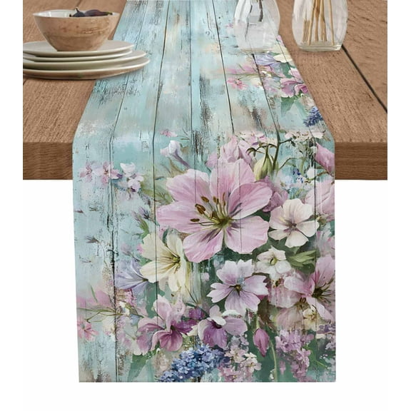 Pink Flower Table Runner Cotton Linen 72 Inch Holiday Dresser Scarves,Lavender Leaves Blue Board Pastoral Retro Tablerunner for Kitchen Coffee Dining Bedroom Living Room Dinner Scarf Décor 13''x72''