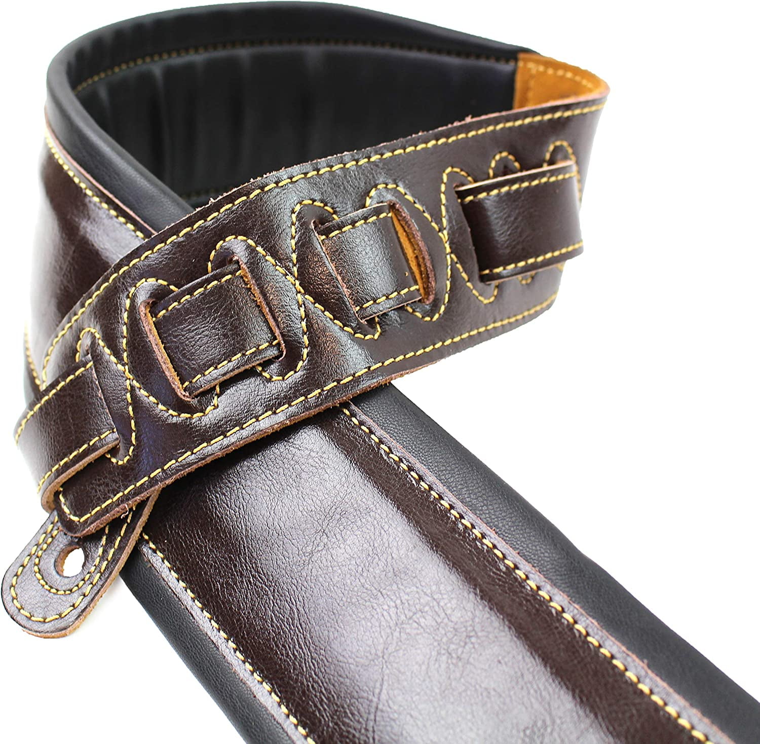 Walker & Williams C-22-BRN-XL Handmade Double Padded Premium Brown Signature Leather Guitar Strap XL For Acoustic, Electric, And Bass Guitars