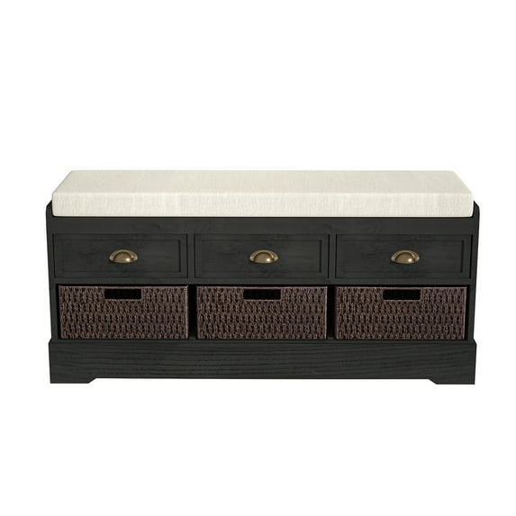 Storage Bench Entryway Bench No Assembly Required Shoe Bench with Removable Cushion, Wooden Shoe Stool Organizer Storage Bench with 3 Drawers and 3 Rattan Baskets - Black