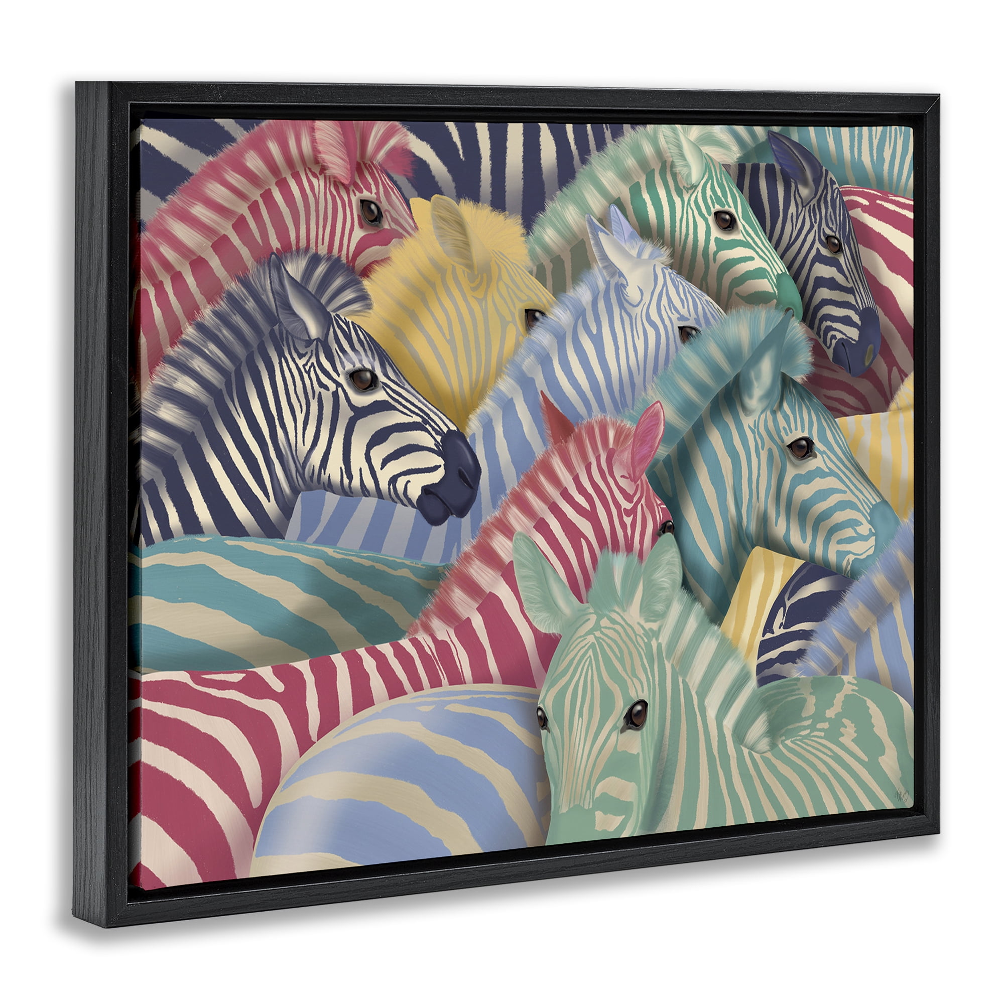 Stupell Industries Modern Hued Zebras Animals Painting Black Floater Framed Canvas Art Print Wall Art, 21 x 17