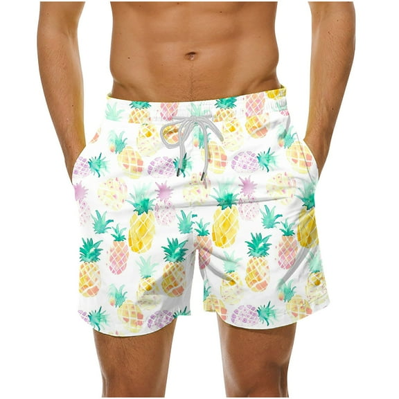 LYEAA Swimming Men Shorts Elastic Waist Summer Beach Big Men's Trunks Hawaiian Colorful Pineapple Printed Surfing Board Shorts Casual Sports Trendy Comfortable Swimwear with Pockets White L