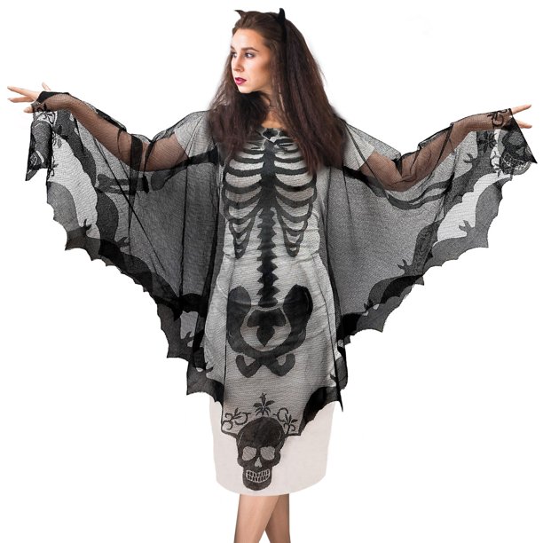 OurWarm Lace Spider Web Poncho Halloween Cape for Women Black Skeleton Halloween Poncho Adult Size Day of the Dead Costume