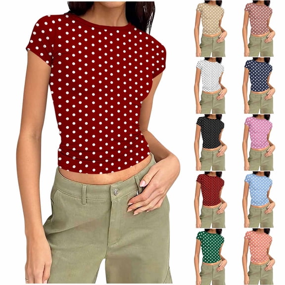 Miluxas Womens Crewneck Short Sleeve T-Shirts Summer Crop Tops Polka Dots Tight Slim Fit Going Out Tee Top White XL(XL)