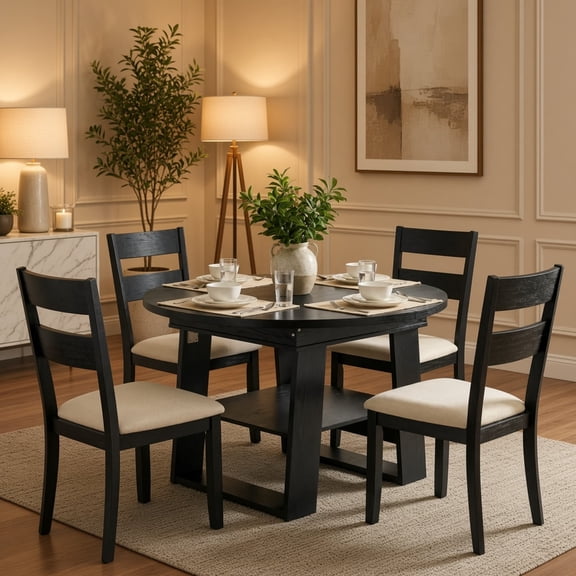 Extendable Round Dining Table, Round-to-Oval Kitchen Table with Flip-Up Leaf, H-Shaped Base and Storage Shelf, Black
