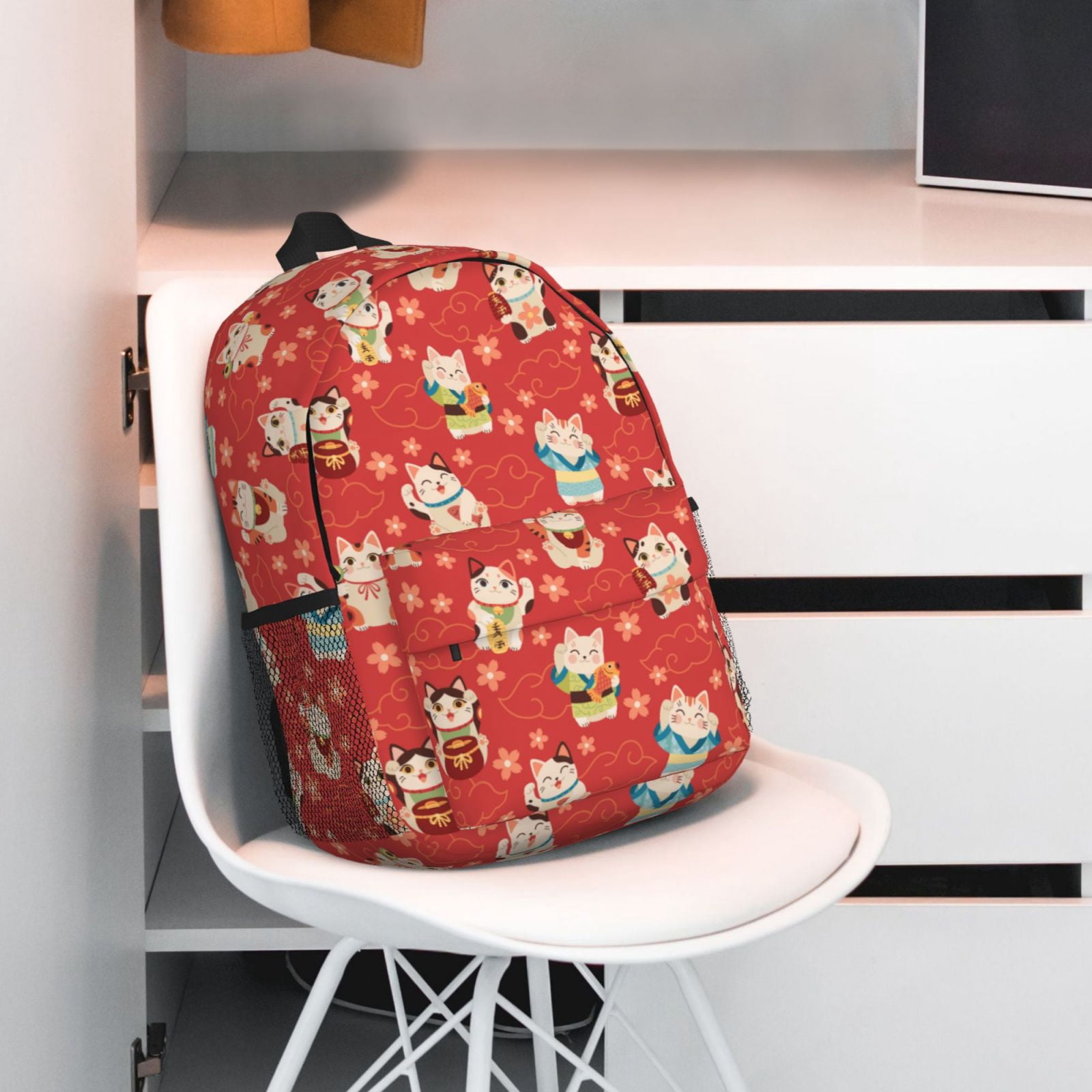Rateoe Japanese Maneki Cats Pattern Student Backpack Water-resistant Backpack 15-inch Laptop Backpack Lightweight Adjustable School Backpack