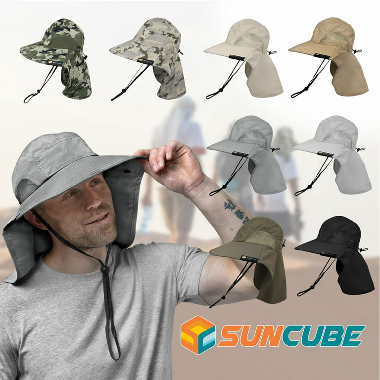 Mens Outdoor Sun Hat with Face Neck Flap UV Protection Wide Brim Fishing Hats Green in Army | One Size
