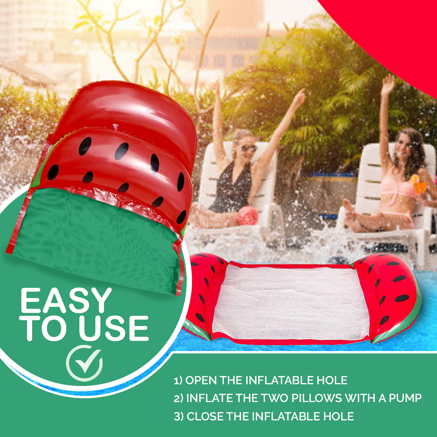Hammock for Water Pool Floats with Mesh, Swimming Pool Accessories for Adults and Kids | Watermelon