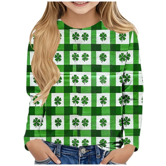Girls St Patricks Day Shirt Light Blue Long Sleeve Clover Print Gingham Top Soft Stretch Polyester Spandex Holiday Party School Sizes 3-14 Years,Size 5-6 T
