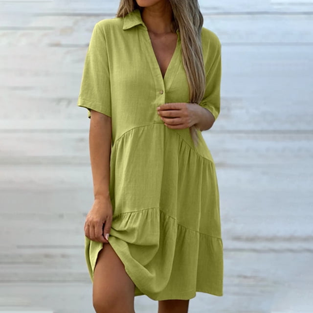 FcBaudy Robe à Manches Courtes à Col en V Longueur Genou, Robes d'Été pour Femmes, Robes pour Femmes Robe Décontractée pour Femmes avec Poches Robe d'Été à Imprimé Floral-Col Mini Robes Robe pour Femmes