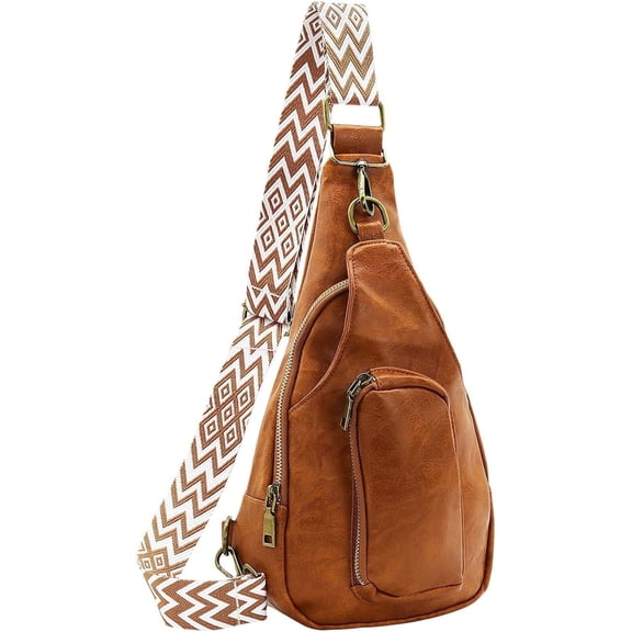 PU Leather Sling Bag for Women, Small Crossbody Chest Shoulder Backpack for Traveling Hiking, Black-brown-