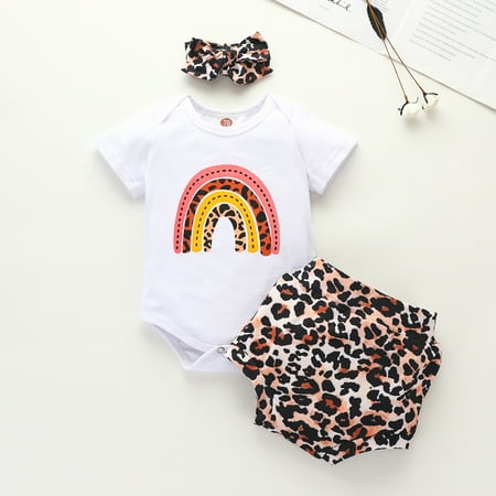 

Leutsin Infant Baby Girls Rainbow Romper Bodysuit+Stars Leopard Printed Shorts Outfits
