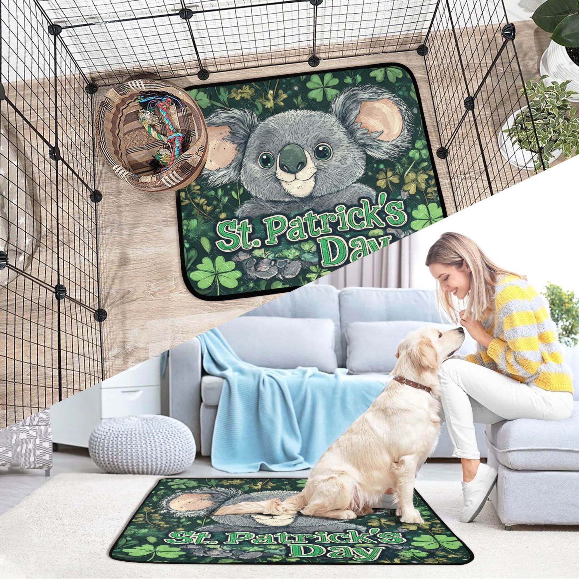 Qxltty Stpatricks Day Cute Koala Cat litter Pads Pet Set of 3 Diaper Mats Center Anti-leakage Layer Absorbent Soft and Comfortable