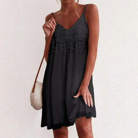 ZZwxWA Summer Dresses for Women Sexy Lace Trim Spaghetti Strap Beach Party Mini Dresses Sleeveless V-Neck Solid Short Sun Dress Cocktail Party