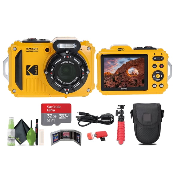 KODAK PIXPRO WPZ2 Rugged Waterproof Shockproof Dustproof WiFi Digital Vlogging Camera 16MP (Yellow) Bundle With 32GB Memory Card + Vlogger Tripod + Bag + Cleaning Kit + More Accessories