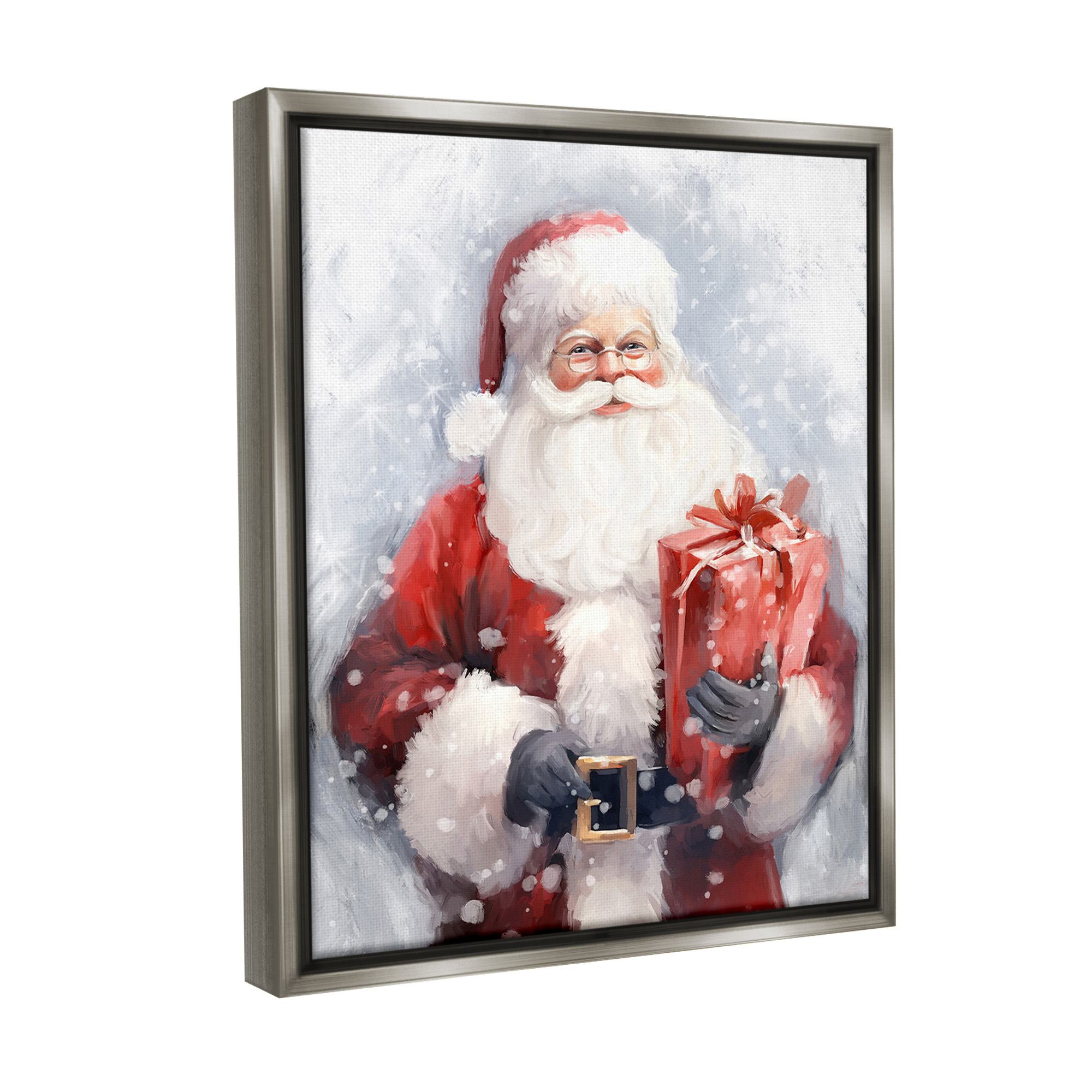 Stupell Industries Santa with Red Gift Holiday Painting Gray Floater Framed Canvas Art Print Wall Art, 25 x 31