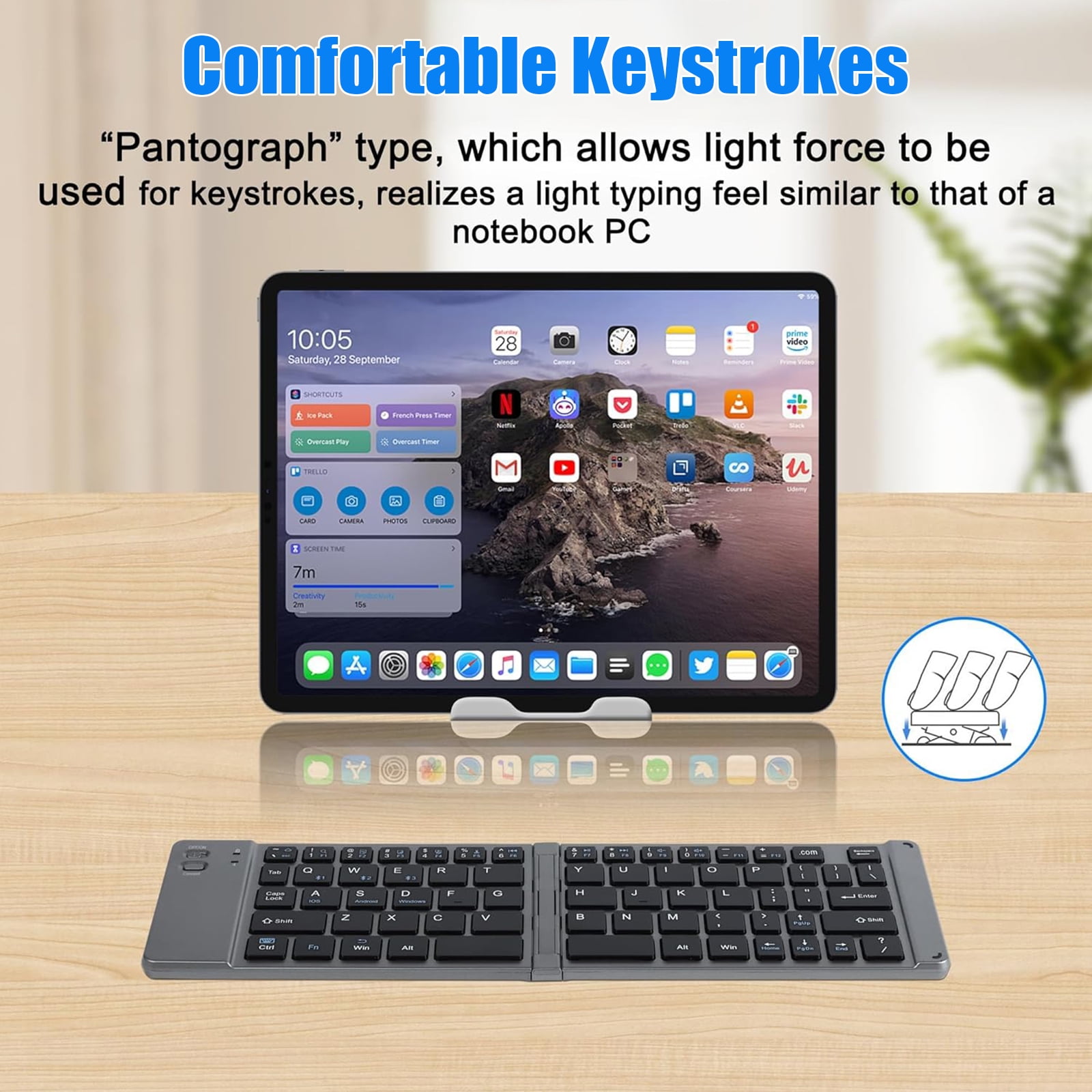 RONY Foldable Wireless Bluetooth Keyboard & Mouse Combo: Ultra-Slim Rechargeable Portable Travel Keyboard Set for iPad iPhone Laptop Tablet Windows Android Mac (Grey)