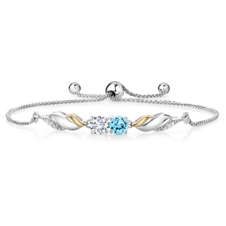 Gem Stone King 1.01 Ct Blue Apatite E-F Lab Grown Diamond 925 Silver and 10K Yellow Gold Bracelet for Women