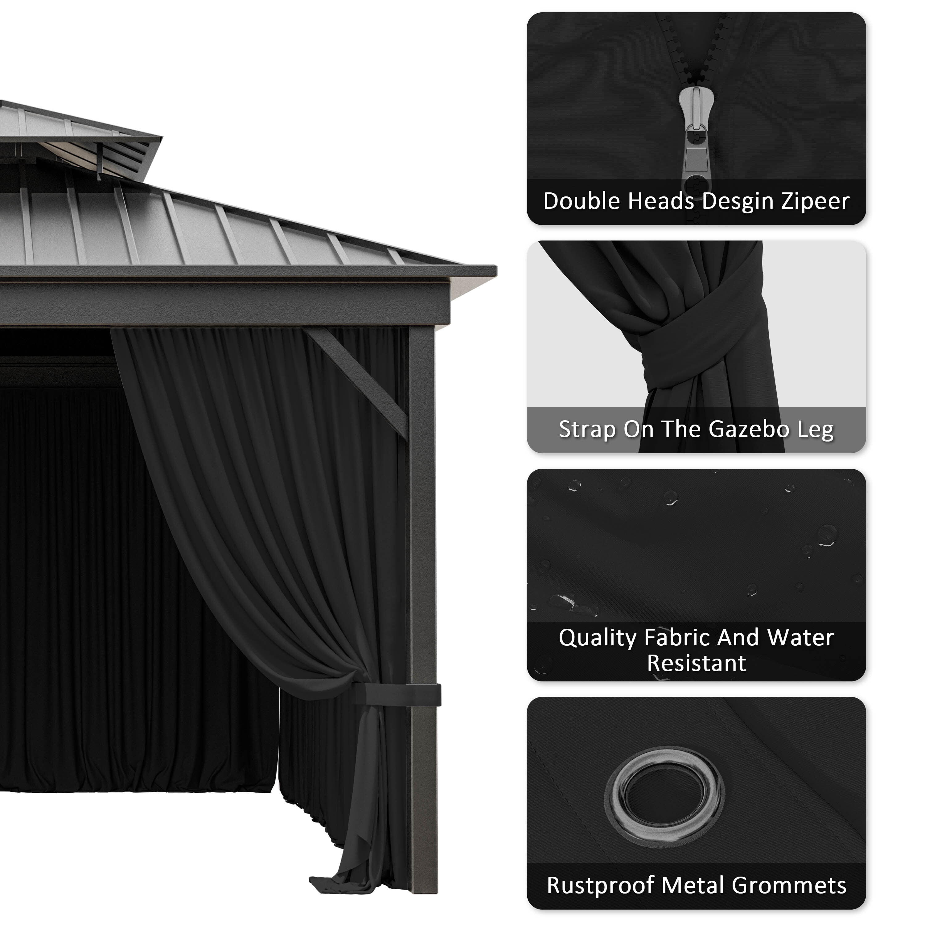 Kimunuk Outdoor Replacement Curtains for 12' X 12' Gazebo, Waterproof 4-Panels Black Gazebo Universal Privacy Sidewall Curtains with Zipper for Patio Garden Backyard, Curtain Only