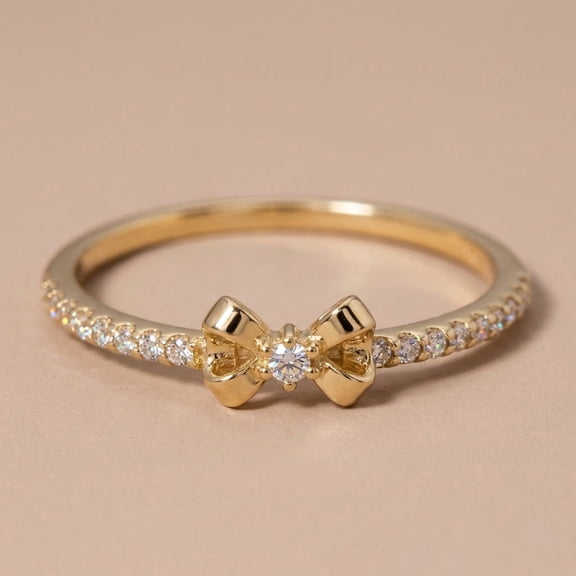 Vinali Solid 14K Yellow Gold Bow Ribbon Round CZ Ring for Women Size 5