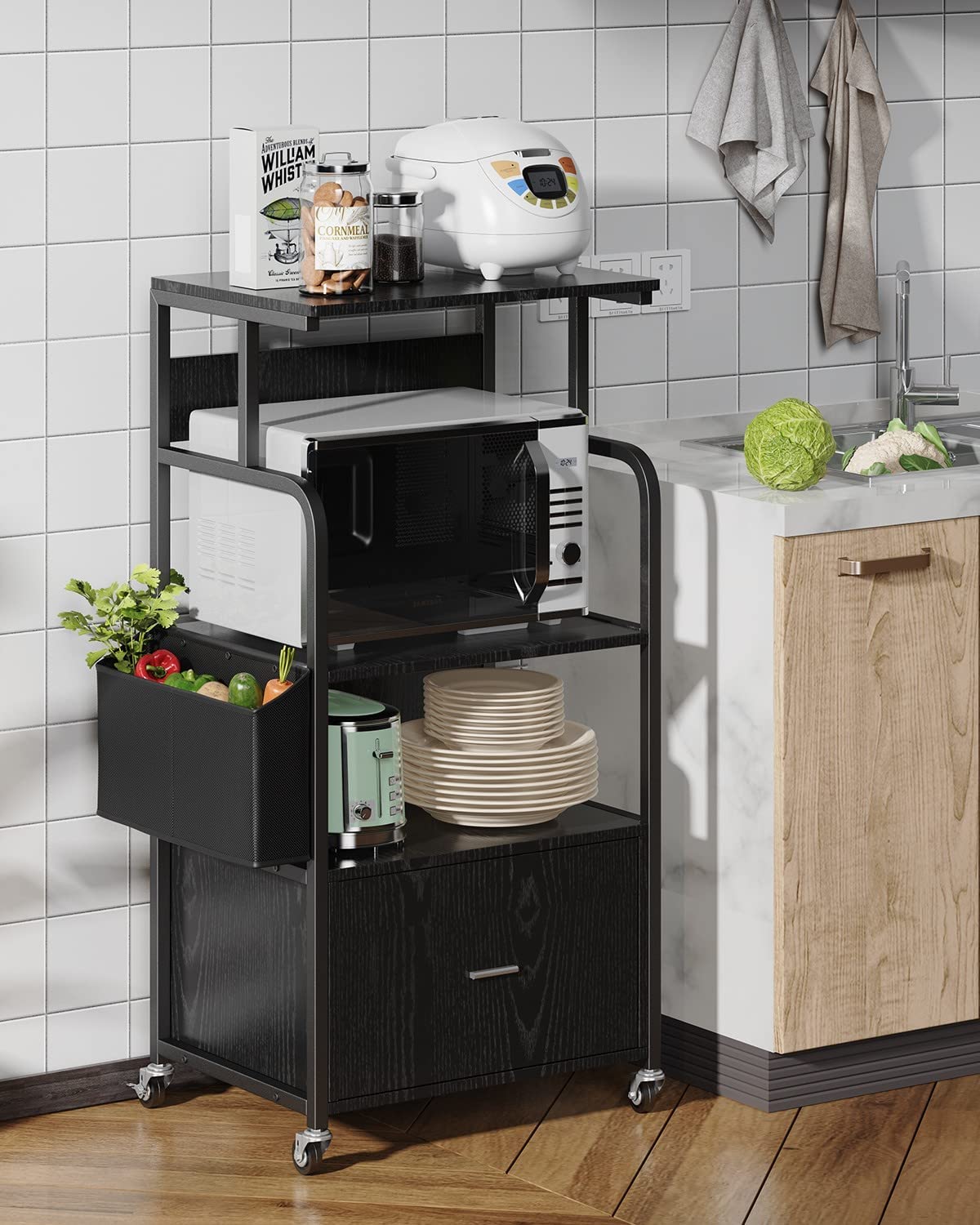 Aiho 3 Tier Kitchen Storage Stand with Drawer, Storage Bag Black