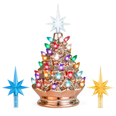 Best Choice Products 9.5in Ceramic Pre-Lit Hand-Painted Tabletop Christmas Tree Holiday Decor with Multicolored Lights, 3 Star Toppers, Rose