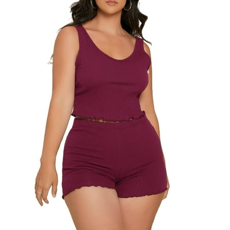 

Casual Scoop Neck Short Sets Sleeveless Burgundy Plus Size Pajama Sets (Women s)