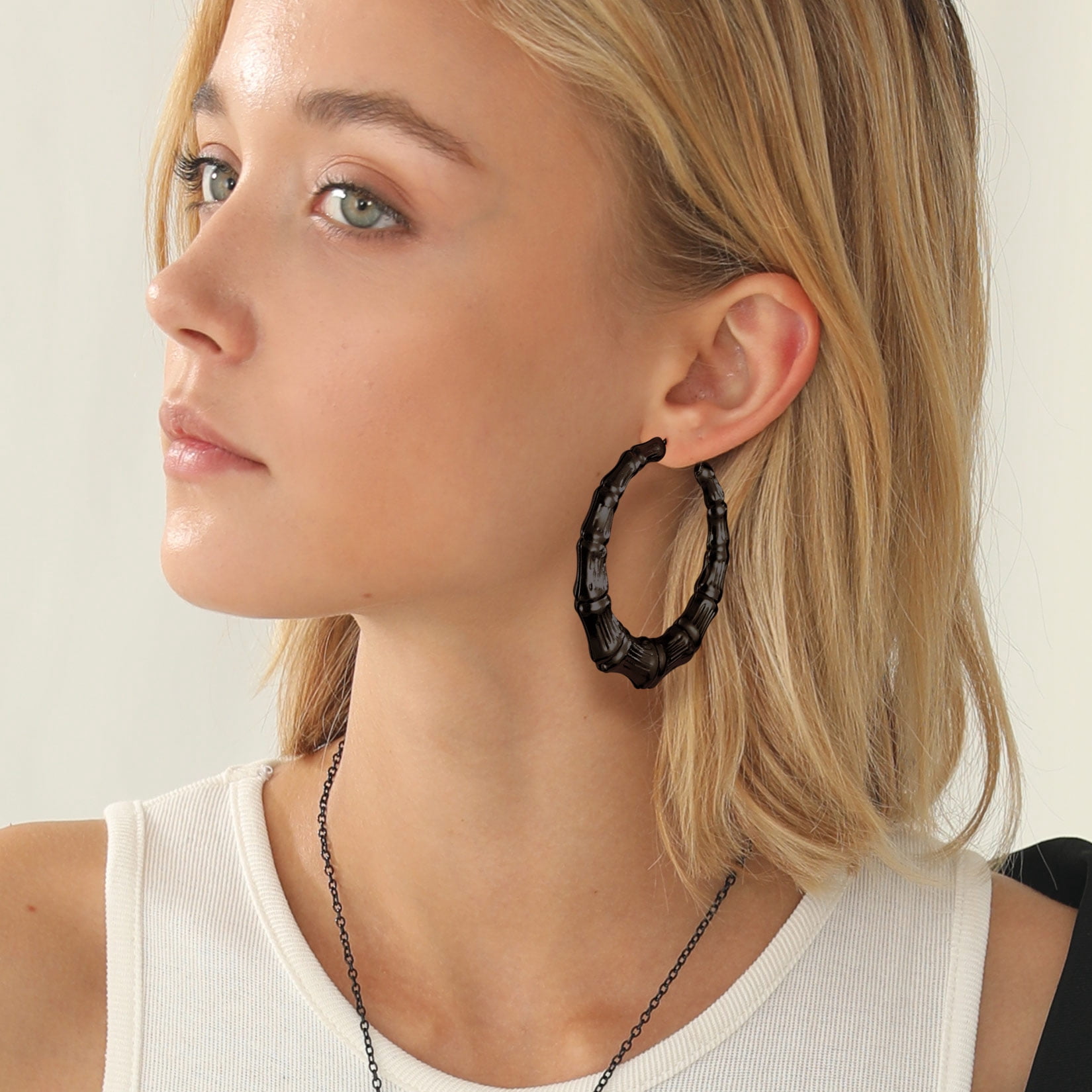 U7 Black Big Hoops Bamboo Earring Cool Women's Earrings 60mm Stainless Steel Hoops Christmas Jewelry