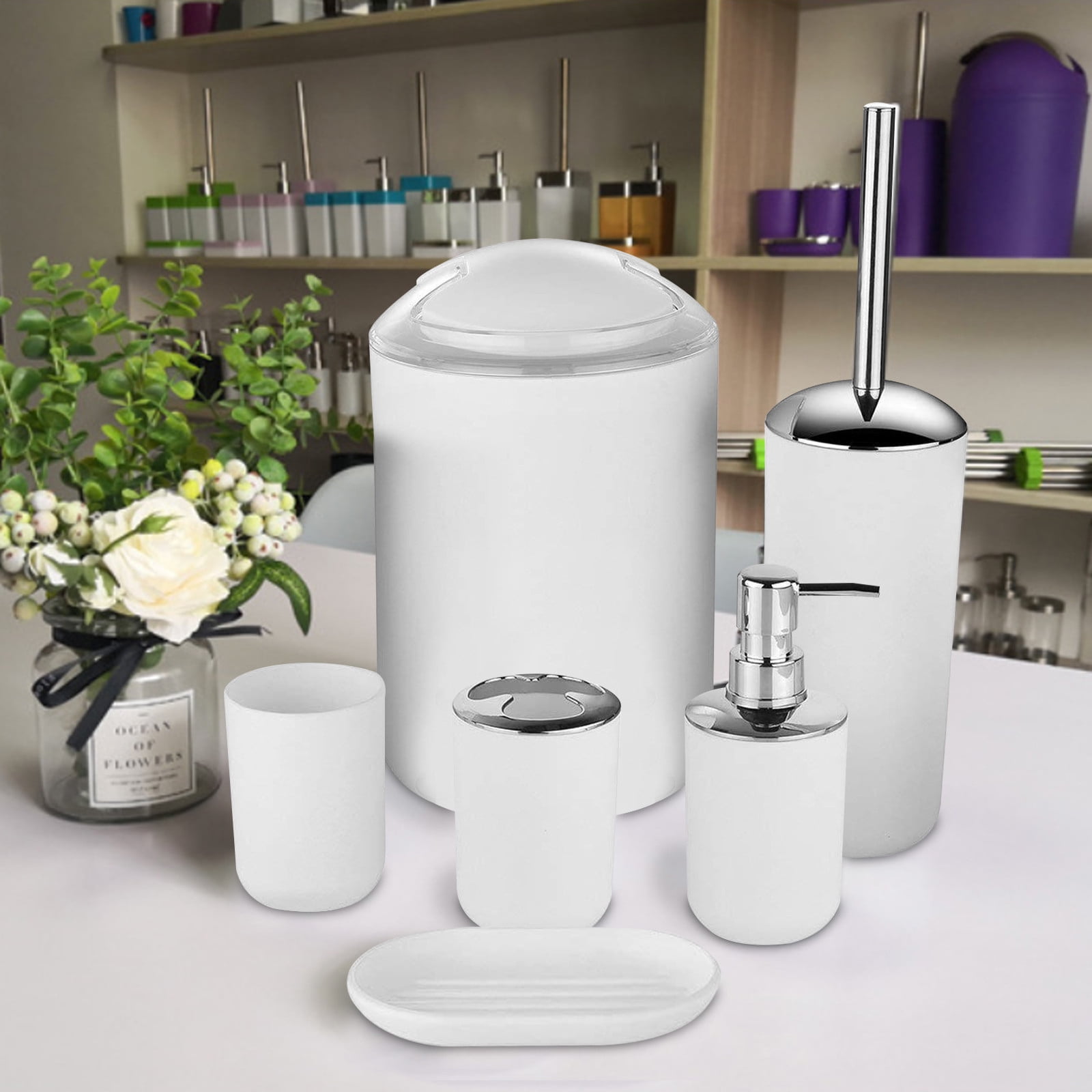 ZZkhGO 6-Piece Bathroom Accessory Set, Complete PP Plastic Toilet Brush Soap Dispenser, Organized Kit with Tumbler Trash Can