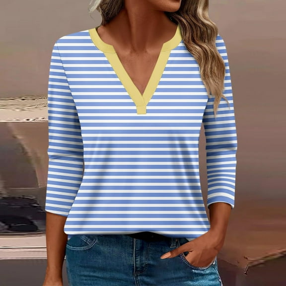 CLOISE Shirts for Women Fall Fashion Striped Blouses V Neck 3/4 Sleeve Tees Comfy Color Block Basic Tops Y2k Outfits Light Blue XL