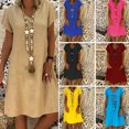 thumbnail image 1 of Farfi Casual mujer verano playa suelta color sólido lino manga corta vestido de cuello en V caqui Farfi Vestido, 1 of 2